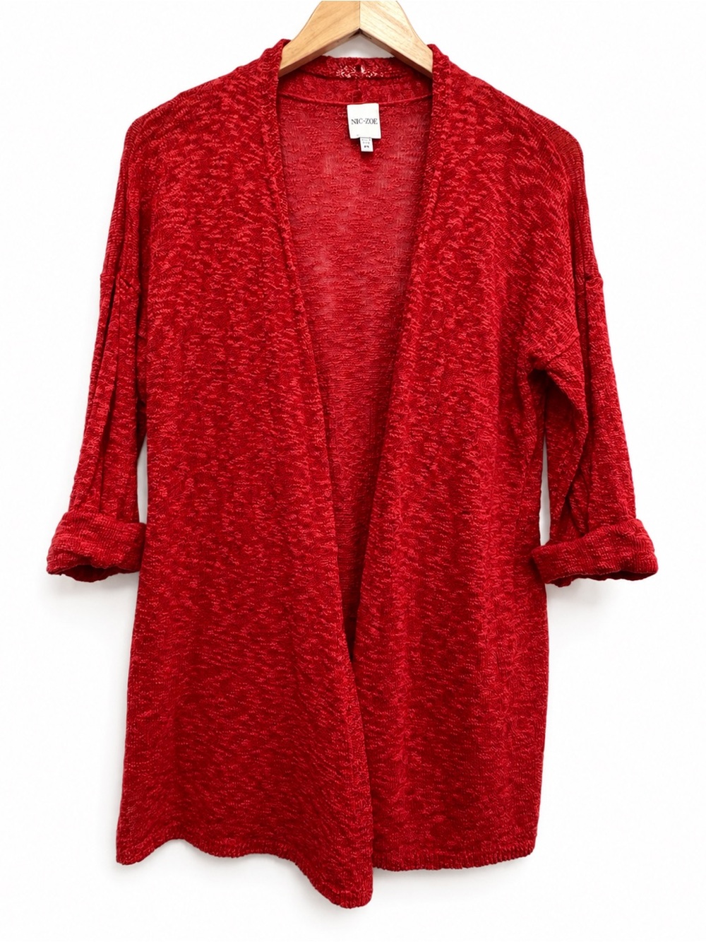NIC+ZOE “Flame” Red Cotton Blend Textured Open Front Long Cardigan Sweater PS